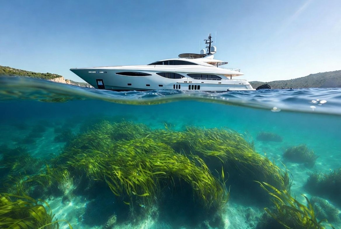Super yacht at anchore over sea grass